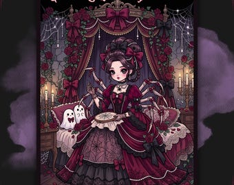 May include: A coloring book titled Gothic Coquette Familiars by AltWorlds Coloring Book. The cover features an illustration of a multi-armed figure in a dark red gown, sitting on a bed with two ghost figures, surrounded by roses and candles.