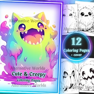 Dibujos para colorear de criaturas espeluznantes y lindas, hojas para colorear de fantasía, anime, terror, pastel gótico en escala de grises, libro para colorear para niños, adolescentes y adultos en formato PDF
