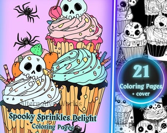 Kawaii Goth Dessert Creepy Cute Cupcake Coloring Page, Cute Goth Kawaii Cake Coloring Sheets, Spooky Cute Printable Adult Coloring PDF