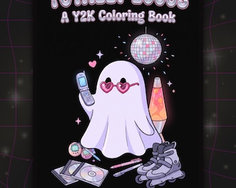Könnte beinhalten: Ein schwarzes Malbuch mit dem Titel Totally 2000s A Y2K Coloring Book, das einen weißen Geist mit rosa herzförmiger Brille zeigt, der ein Klapphandy hält, mit Discokugel, Lavalampe, CDs, Inlineskates und Stiften auf schwarzem Hintergrund.