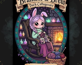 May include: A coloring book titled Bramble & Brew Dark Cottagecore featuring a character with rabbit ears sitting in a wooden rocking chair by a fireplace, knitting a small plush toy, surrounded by shelves of potion bottles and yarn balls.