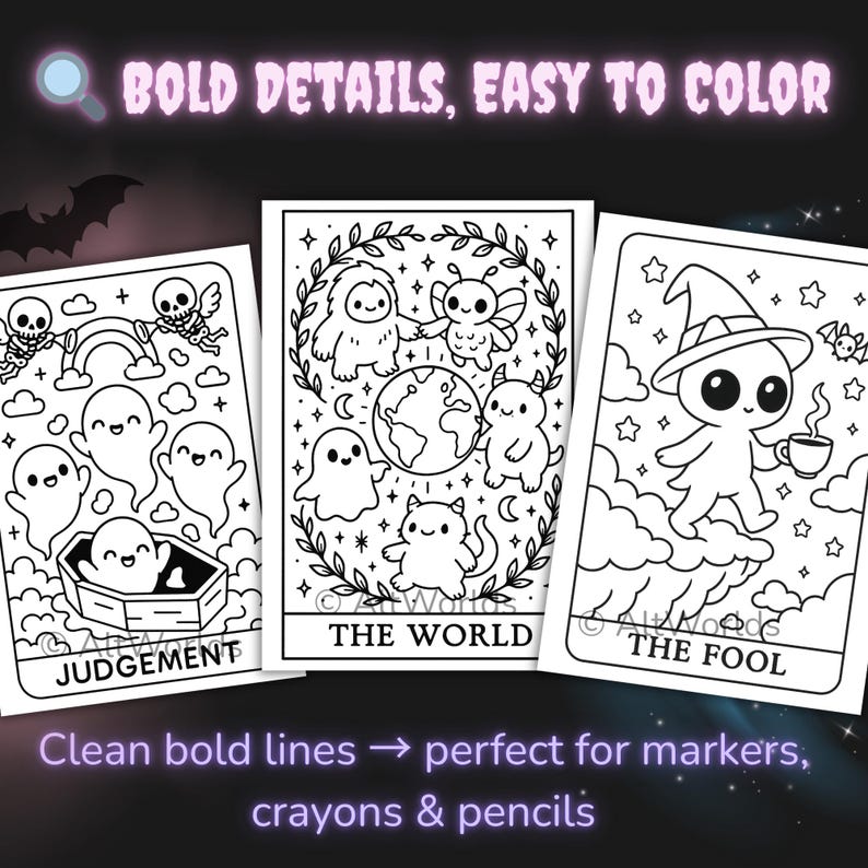 Cozy Cryptids Tarot Coloring Book: Creepy Cutie Kawaii Goth Style (PDF) image 3