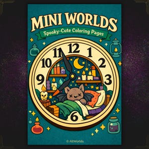 May include: A coloring book cover with the title "MINI WORLDS" and the subtitle "Spooky-Cute Coloring Pages." The illustration features a clock face with a bat sleeping in a bed inside. The clock hands point to 11:06. The background is teal.