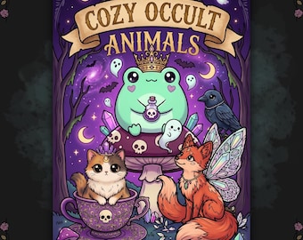 May include: A coloring book titled COZY OCCULT ANIMALS featuring a green frog with a crown, a cat in a purple teacup, and a winged fox. The cover art includes ghosts, crystals, skulls, and a dark purple forest background with the text An ALTWORLDS Coloring Book.