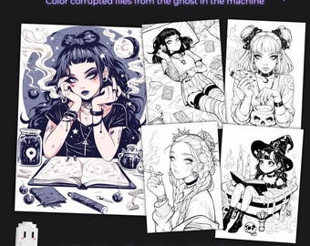 May include: A collection of digital art prints featuring goth girls in various poses. The prints are black and white illustrations with a witchy theme. Text on the image reads "Witchy High", "Goth girls, soft spells & 420 chills", and "17-page PDF".