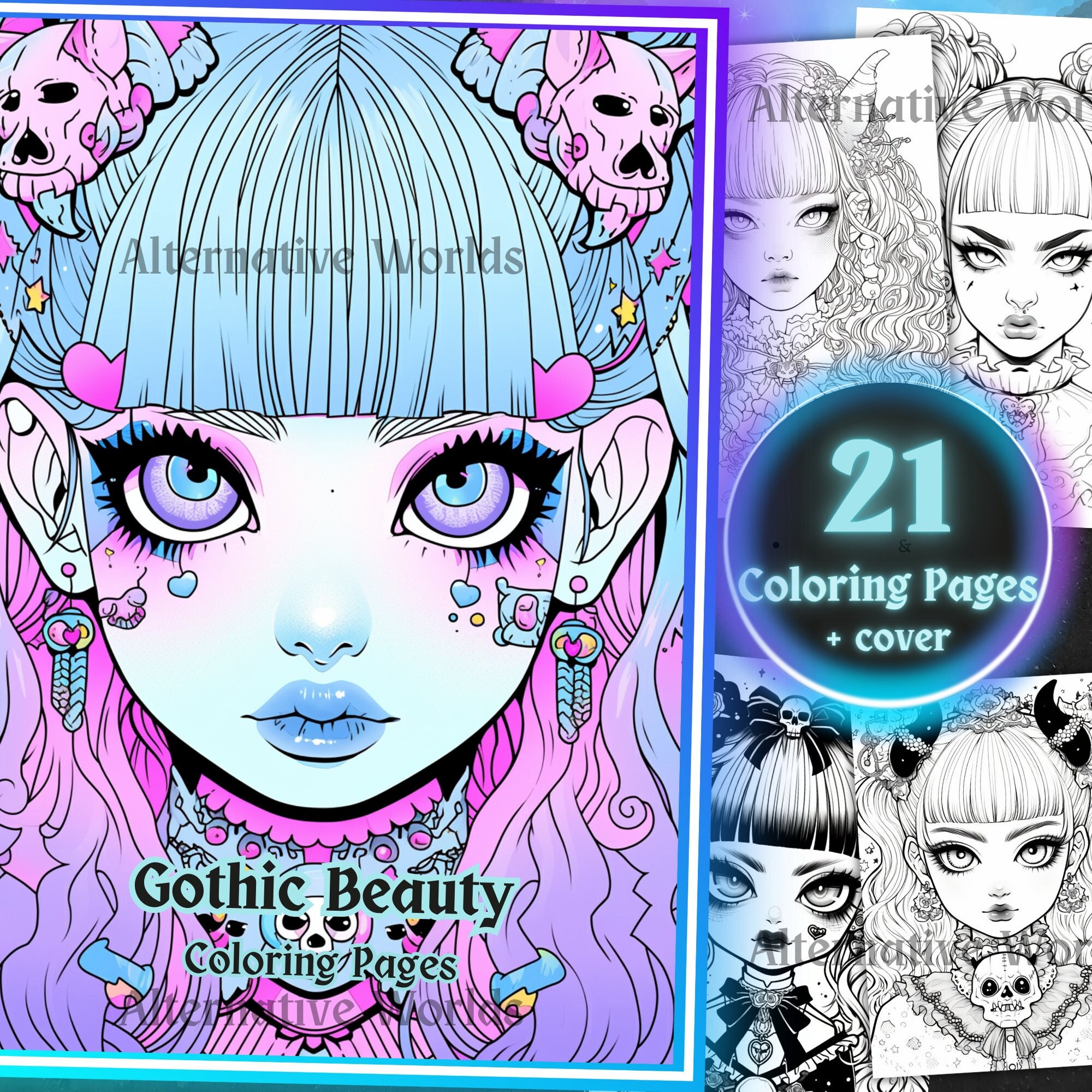 30 Gothic Girls Set 2 Coloring Pages Bright, Medium and Dark Versions  Printable Adult Coloring Pages Download Grayscale Illustration 