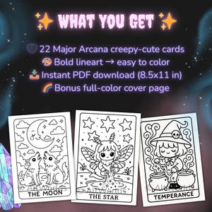 Cozy Cryptids Tarot Coloring Book: Creepy Cutie Kawaii Goth Style (PDF) image 2