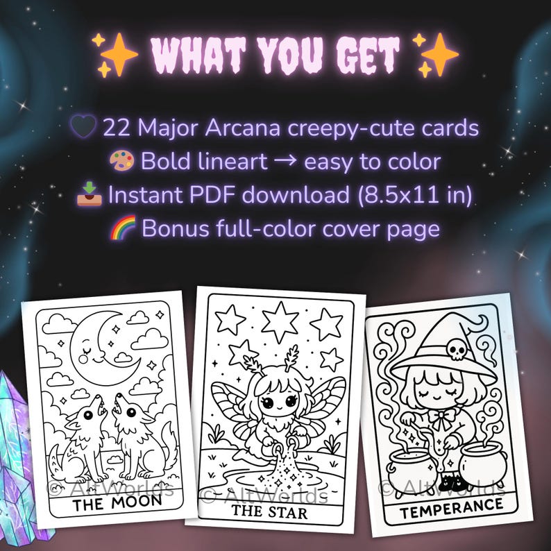 Cozy Cryptids Tarot Coloring Book: Creepy Cutie Kawaii Goth Style (PDF) image 2
