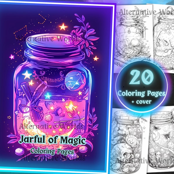 Gothic Dark Magic Spell Jar Skull Coloring Page, Witchcraft Books Mystical Grayscale Coloring Sheet, Witch Spell Adult Book Printable PDF