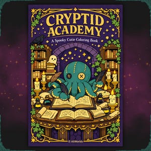May include: A coloring book titled "Cryptid Academy" with a spooky theme. The cover features a teal octopus with an X-shaped stitched mouth and eyes, surrounded by candles, books, and a ghost. The book has a purple border with gold accents.