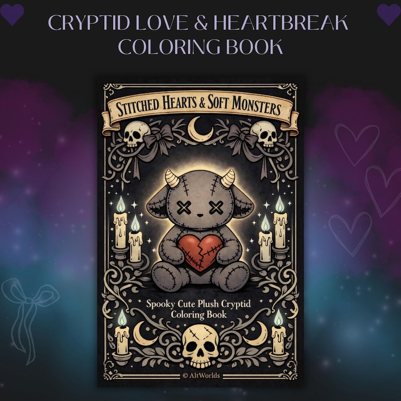 Spooky Love Coloring Pages | Kawaii Cryptid Romance Gothic Hearts PDF image 1