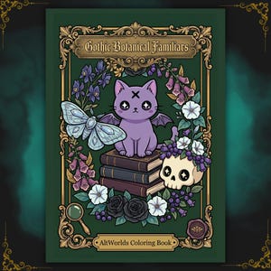 Peut inclure: Un livre de coloriage intitulé "Gothic Botanical Familiars" présente un chat violet avec des ailes de chauve-souris, un crâne et un papillon. La couverture est encadrée de détails dorés ornés et d'illustrations botaniques. Le livre est de "AltWorlds Coloring Book".
