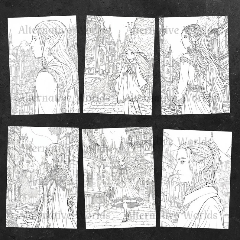 Fantasy Anime Elf Coloring Pages, Elf Fairy City Printable Coloring