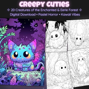 Creepy Cute Spooky Kawaii Fantasy Creature Coloring Pages, Kawaii Goth Cute Creature Coloring Sheets, Adults & Teen Coloring Book PDF