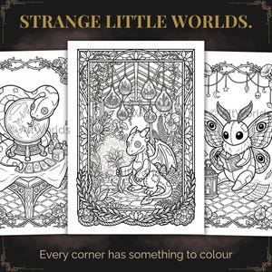 May include: Black and white line art coloring book pages with the text "STRANGE LITTLE WORLDS." and "Every corner has something to colour." The pages feature a snake with a crystal ball, a dragon, and a moth reading a book.