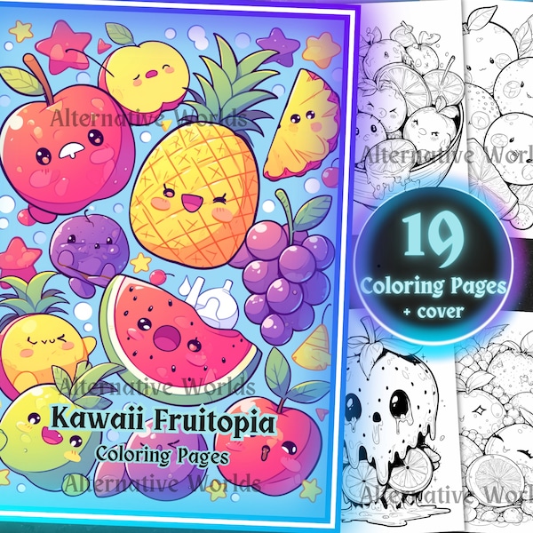 Kawaii Fruits Pastel Goth Food Coloring Page, Gothic Kawaii Strawberry Pineapple Sheets, Kids Teen Adult Grayscale Printable Book PDF