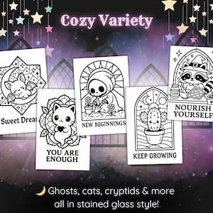 May include: A collection of black and white art prints with gothic and whimsical themes. The prints feature illustrations of a bat, cat, skeleton, raccoon, and cactus, each with inspirational text. The phrase "Cozy Variety" is at the top, with "Ghosts, cats, cryptids & more all in stained glass style!" at the bottom.