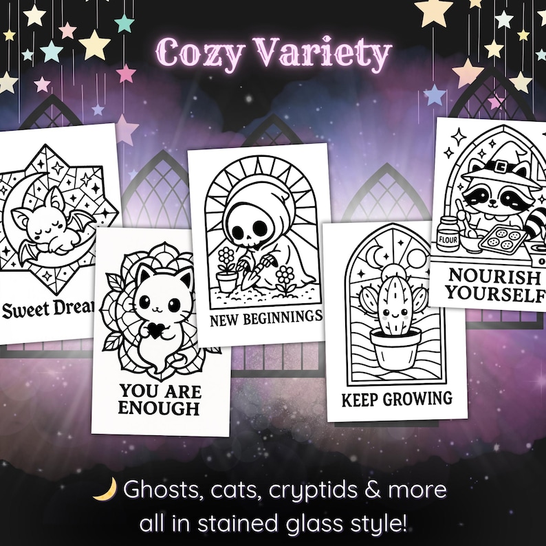 May include: A collection of black and white art prints with gothic and whimsical themes. The prints feature illustrations of a bat, cat, skeleton, raccoon, and cactus, each with inspirational text. The phrase "Cozy Variety" is at the top, with "Ghosts, cats, cryptids & more all in stained glass style!" at the bottom.