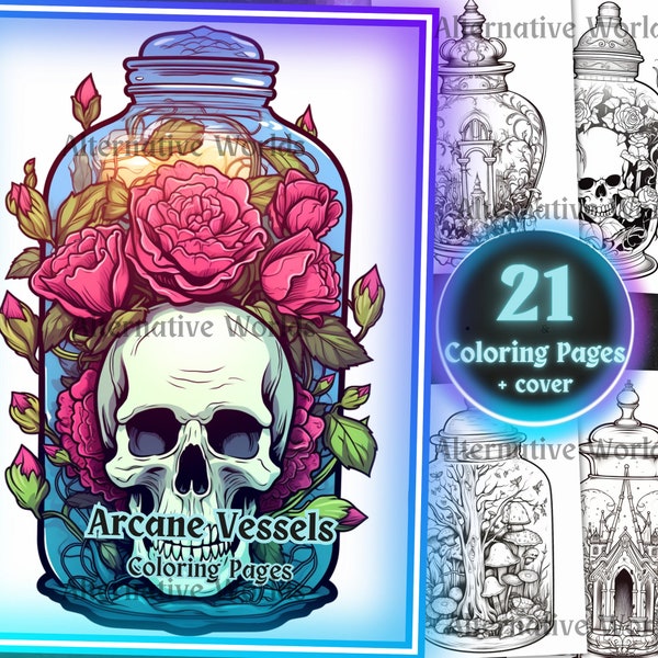 Magic Spells Jar Gothic Grayscale Coloring Page, Witch Accessories Dark Magic Glass Jar, Skull Goth Aesthetic Coloring Sheets, Printable PDF
