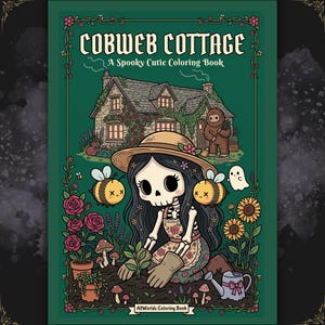 Páginas para colorear de estilo Cottagecore oscuro / Cabaña gótica espeluznante y adorable en PDF