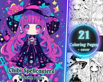 Gothic Creepy Kawaii Chibi Goth Witch Coloring Page, Anime Grayscale Fantasy Coloring Sheet, Adult Teen Printable PDF Coloring Book