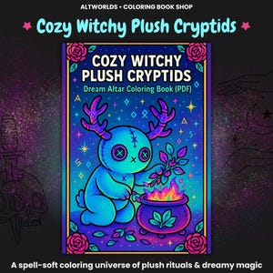 Cryptide en peluche confortable sorcière à colorier PDF | Pages rituelles effrayantes de mignonne