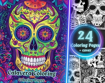 Gothic Colorful Sugar Skull Spooky Creepy Coloring Page, Day of the Dead Dia de los Muertos, Grayscale Printable Skeleton Adult PDF Book