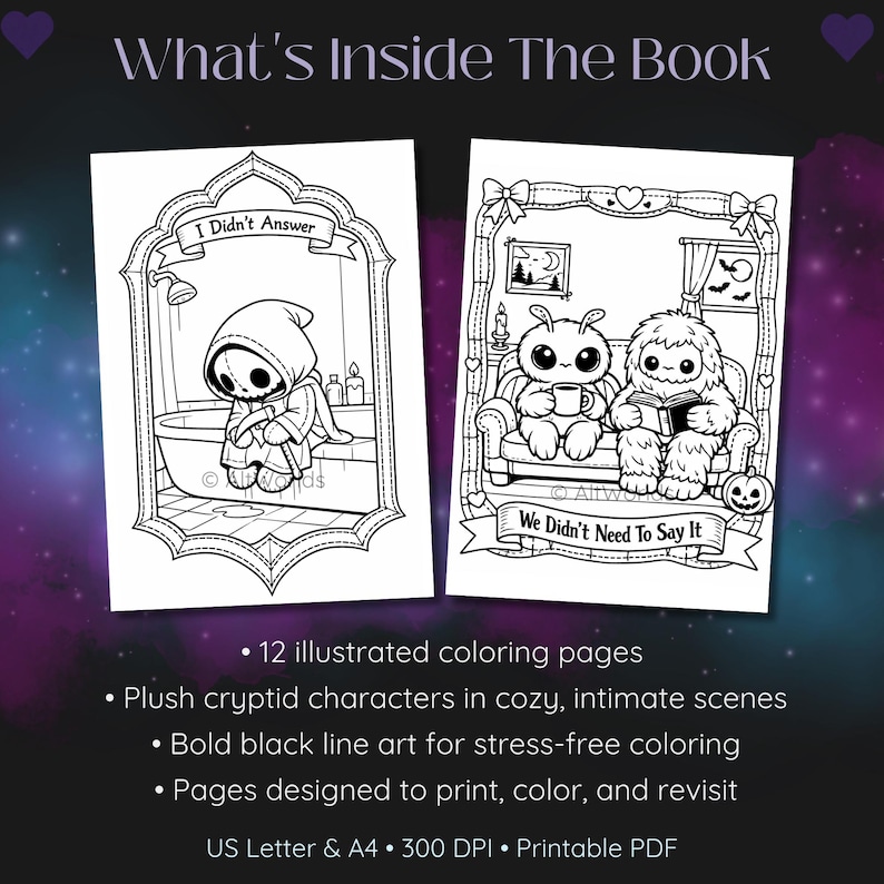 Spooky Love Coloring Pages | Kawaii Cryptid Romance Gothic Hearts PDF image 3