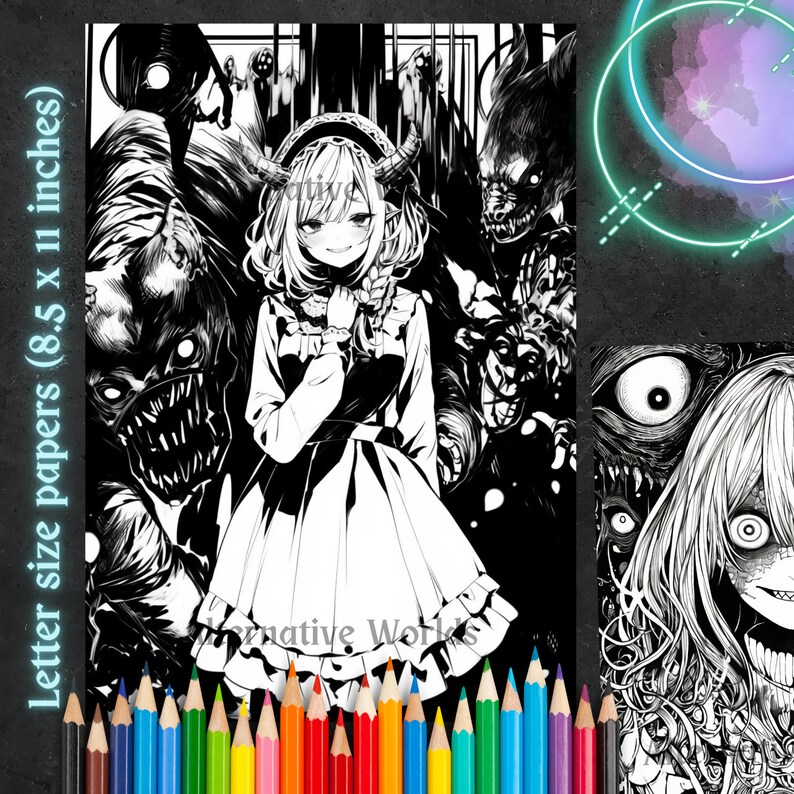 Dark Anime Gothic Girl Horror Coloring Pages, Creepy Anime Japanese