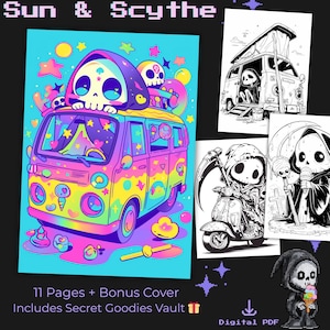 Goth Summer Coloring Pages: Grim Reaper, Spooky Cutie Skull (PDF Download)