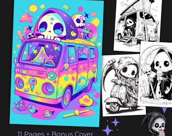 Goth Summer Coloring Pages: Grim Reaper, Spooky Cutie Skull (PDF Download)
