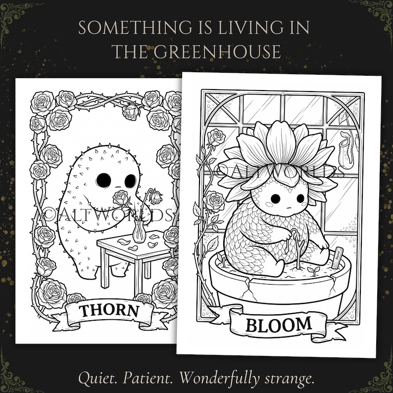 Gothic Botanical Coloring Pages | Spooky Cutie Greenhouse Creatures PDF image 2