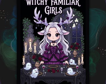 May include: A coloring book cover titled Witchy Familiar Girls by AltWorlds Coloring Book. It features a pale-haired character with deer antlers sitting at a dark table with ghost figures, skull-shaped candles, and roses in a gothic room setting.