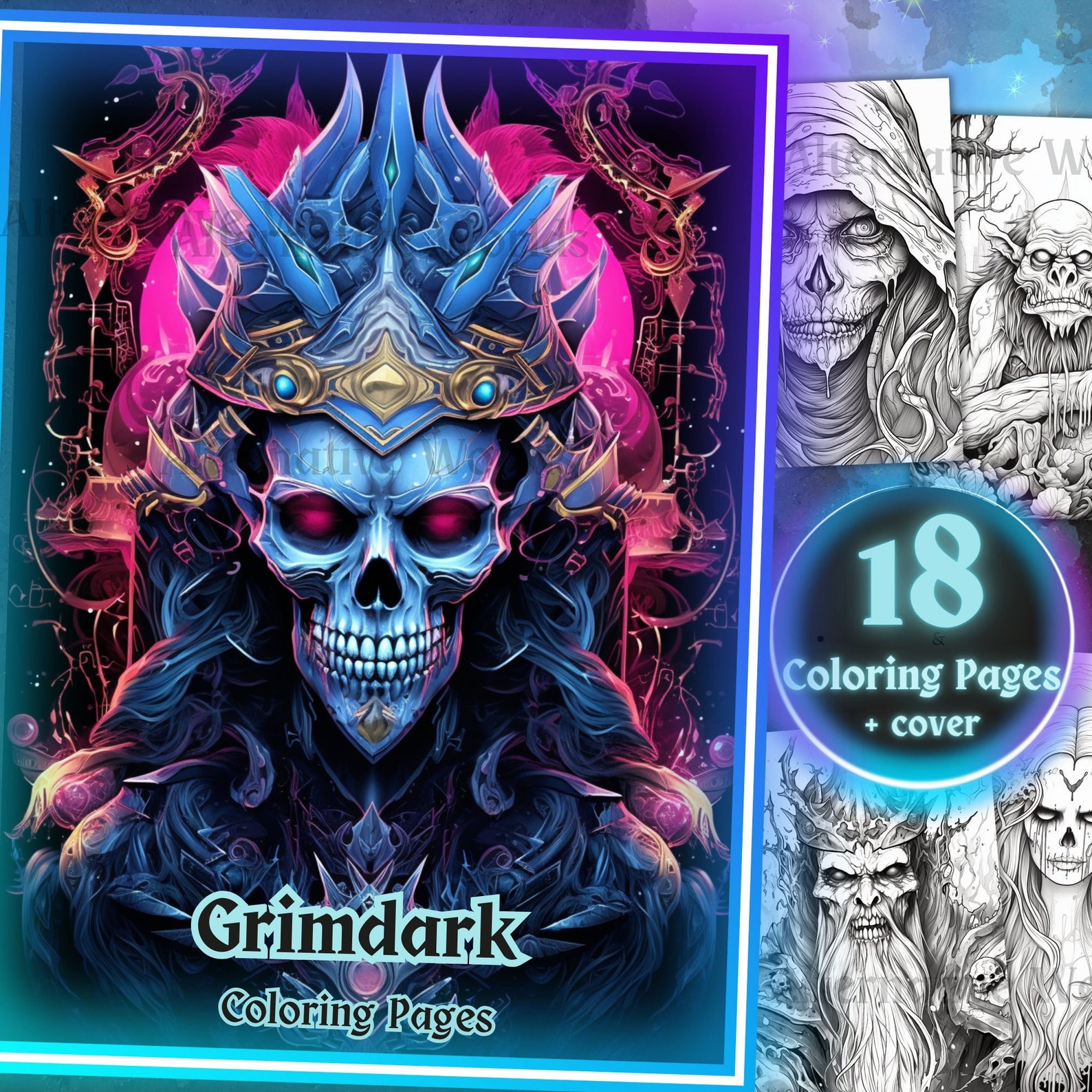 Grimdark Horror Coloring Book, Gothic Coloring Pages for Adult