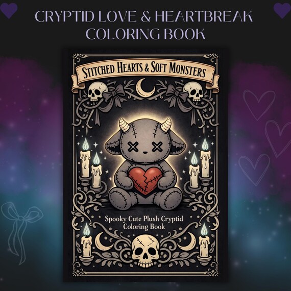 Spooky Cutie Coloring Pages PDF | Plush Cryptid Valentine Coloring Book