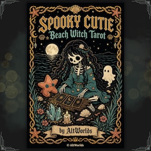 May include: An illustrated tarot card with the title "Spooky Cutie Beach Witch Tarot." The image shows a skeleton figure in a teal dress, set against a backdrop of a full moon, ocean, and a ghost. The design includes a starfish, shells, and the text "by AltWorlds."