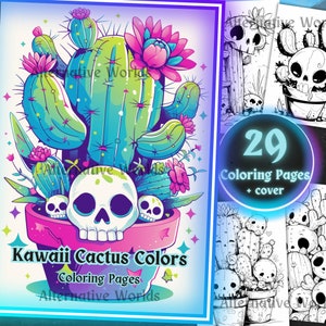 Goth Kawaii Cute Cactus Succulent Flower Coloring Page, Botanical Plant Floral Grayscale Sheet, Printable Adult Kids Coloring Book Pdf
