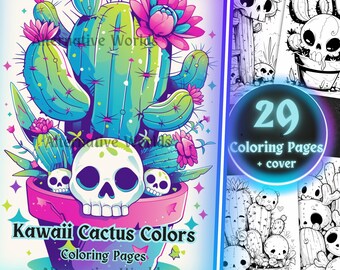 Goth Kawaii Cute Cactus Succulent Flower Coloring Page, Botanical Plant Floral Grayscale Sheet, Printable Adult Kids Coloring Book Pdf