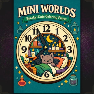 May include: A coloring book cover with the title "MINI WORLDS" and the subtitle "Spooky-Cute Coloring Pages." The illustration features a clock face with a bat in bed, candles, and other spooky elements. The color palette includes teal, beige, and orange.