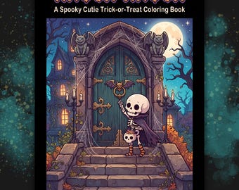 May include: A coloring book titled KNOCK KNOCK A Spooky Cutie Trick-or-Treat Coloring Book. The cover features a skeleton in a cape knocking on a large wooden door of a haunted house at night, with gargoyles, cobwebs, and a full moon in the background.