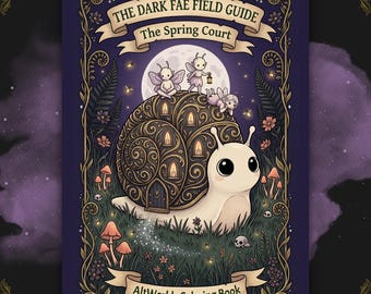May include: A fantasy-themed coloring book cover with the title "The Dark Fae Field Guide: The Spring Court." It features a whimsical illustration of a snail with a house-like shell, fairies, mushrooms, and the text "AltWorlds Coloring Book."