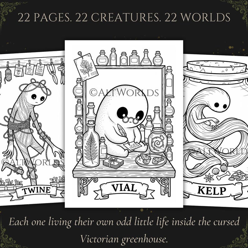 Gothic Botanical Coloring Pages | Spooky Cutie Greenhouse Creatures PDF image 3