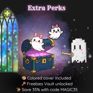 May include: An illustration with the text "Extra Perks" features a treasure chest with a ghost wearing a pink bow. A pixelated ghost holds a key. The image also includes a stained glass window and text that reads "Colored cover included".