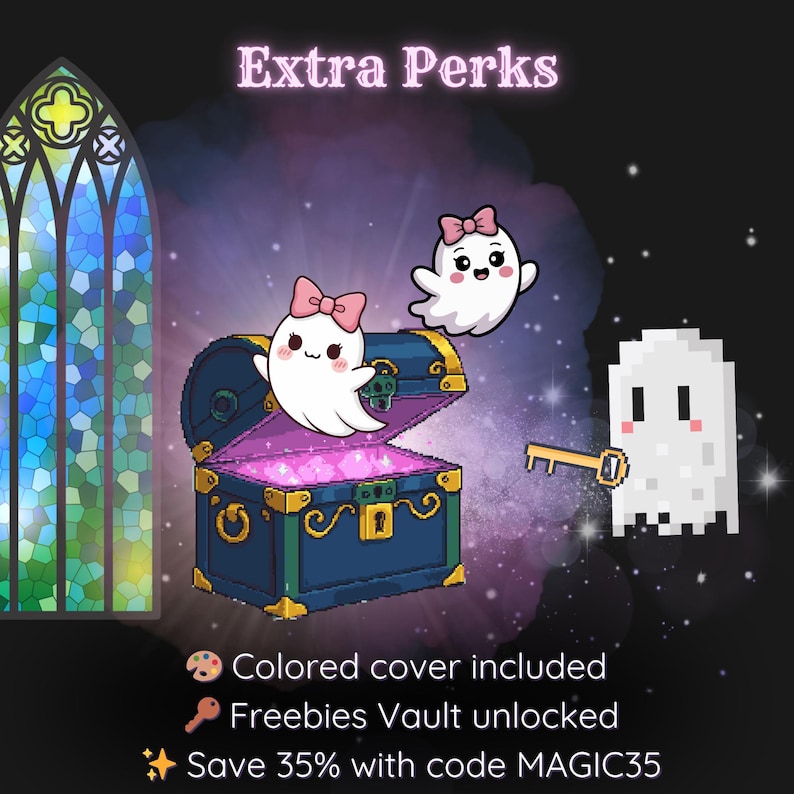 May include: An illustration with the text "Extra Perks" features a treasure chest with a ghost wearing a pink bow. A pixelated ghost holds a key. The image also includes a stained glass window and text that reads "Colored cover included".