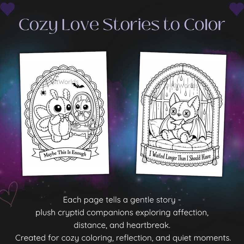 Spooky Love Coloring Pages | Kawaii Cryptid Romance Gothic Hearts PDF image 2