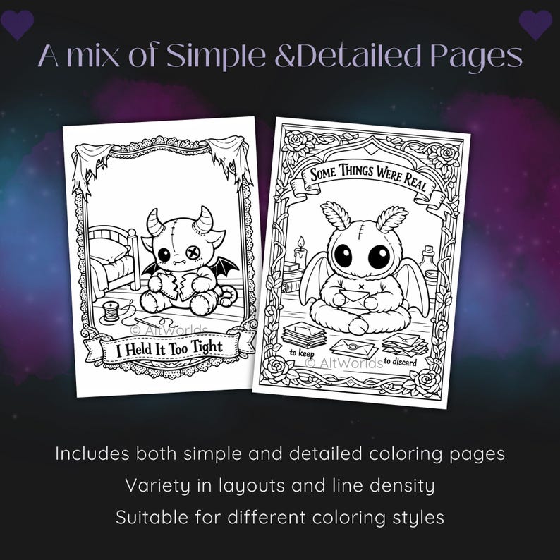 Spooky Love Coloring Pages | Kawaii Cryptid Romance Gothic Hearts PDF image 5