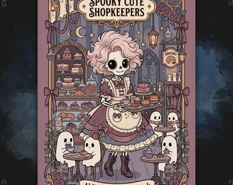 May include: A coloring book titled Spooky Cute Shopkeepers featuring a skeleton character with pink hair wearing a dress and apron, holding a tray of pastries in a bakery setting with ghost figures, candles, and shelves of cakes and sweets.