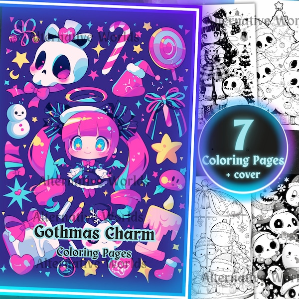 Gothic Creepy Cute Christmas Coloring Page, Goth Kawaii Christmas Printable Grayscale Sheet, Adult Teen Holiday Book Pdf