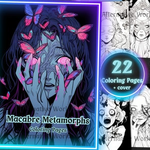 Horror Gothic Monarch Butterfly Coloring Book Page Woman Macabre Butterfly, Macabre Printable Adult Coloring Grayscale Sheet PDF