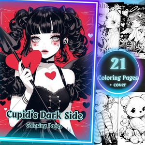Kolorowanka Anime Walentynki, Goth Kawaii Fantasy Dark Romantic Sheet, Kupidyn Straszny Słodki Miłość, Cyfrowa Kolorowanka Dla Dorosłych